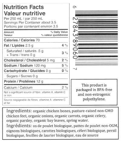 Nutrition facts for chicken bone broth