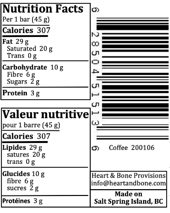 Nutrition facts for coffee fatbars