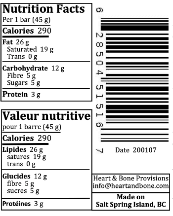 Nutrition facts for date fatbars