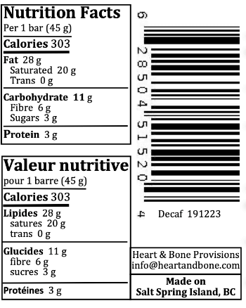 Nutrition facts for decaf date fatbars